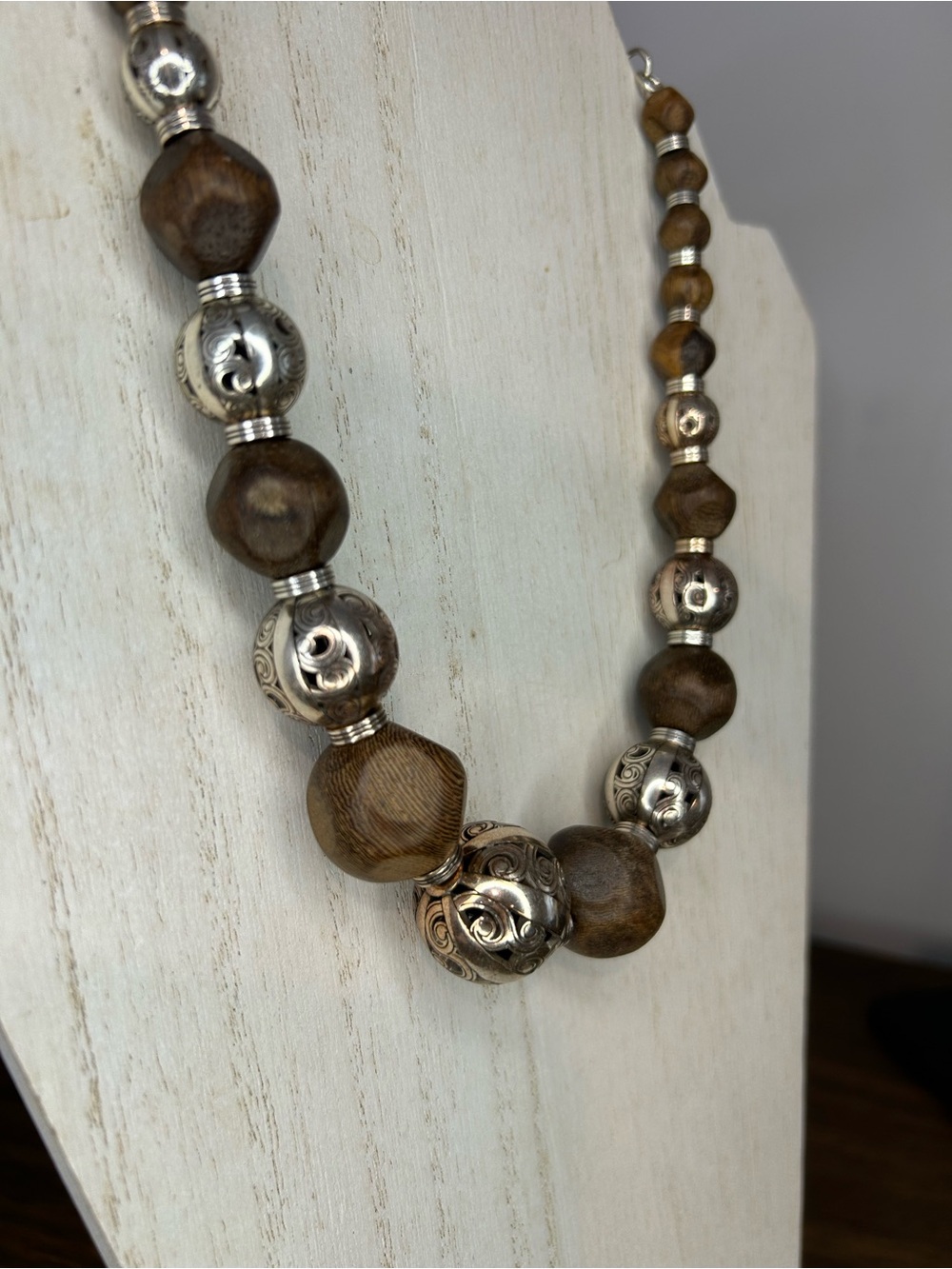 Brighton Kismet Wood Silver Bead Necklace Retired Boho Statement